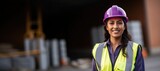 Fototapeta  - young female hispanic warehouse worker looking at the camera wearing a hardhat and a reflective vest