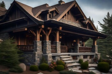 Wall Mural - Craftsman-style house with beams and a stone chimney - AI Generative