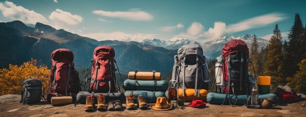 hiking and camping equipment, including a backpack, water bottle, and sturdy shoes, against the back