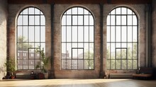 A Large Industrial Loft Window Showcasing A Minimalist Interior.