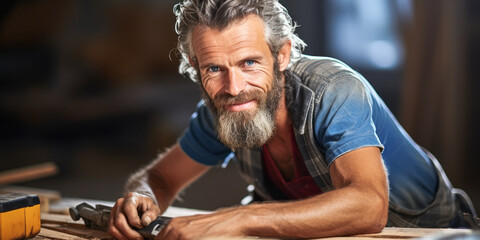 Wall Mural - Hands that Shape Timber: Portrait of an Experienced Carpenter.