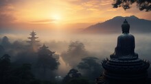 A Misty Sunrise Over A Mist-covered Temple With A Buddha Statue In The Foreground.