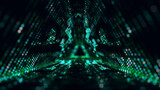 Fototapeta Perspektywa 3d - Technology green wireframe triangle tunnel on dark background. Futuristic 3D wormhole grid. Digital dynamic wave. 3d rendering.