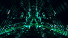 Technology Green Wireframe Triangle Tunnel On Dark Background. Futuristic 3D Wormhole Grid. Digital Dynamic Wave. 3d Rendering.