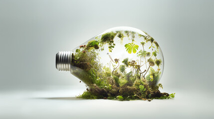 Wall Mural - Hand holding light bulb with a green jungle inside as symbol for sustainable developmen and responsible environmental and energy sources for renewable