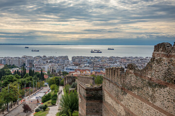 Wall Mural - Thermaic Gulf seen from eastern part of Walls of Thessaloniki, remains of Byzantine walls in Thessaloniki, Greece