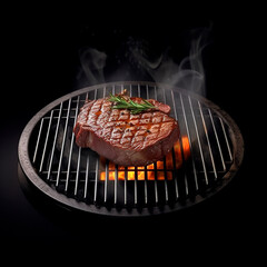 gourmet delicious beef steak, bbq, grilled beef, potatos and wood scene, natural light background, 