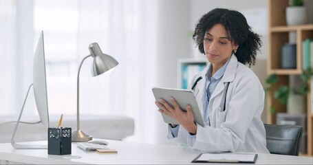 Aufkleber - Research, results and doctor with tablet and computer for healthcare, project and thinking of medical report or study. Surgeon, planning and working with technology in medicine analysis in hospital
