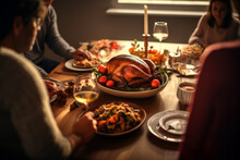 AI Generative Images Of People Celebrating Thanksgiving Day At Home While Sitting At The Dinner Table With Grilled Turkey