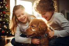 AI Generated Image Of Happy Adorable Kids At Home Playing With Dog Next To The Christmas Tree