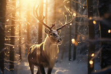 AI Generated Image Of Reindeer In The Snowy Forest With Christmas Light At Sunset