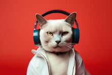 Generative AI Illustration Portrait Of Cat In Headphones Wearing White Jacket Listening To Music Against Red Background
