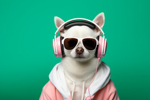 Generative AI Illustration Portrait Of Dog In Sunglasses And Headphones Wearing Pink Jacket Listening To Music Against Green Background