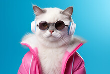 Generative AI Illustration Portrait Of Cat In Sunglasses And Headphones Wearing Pink Jacket Listening To Music Against Blue Background
