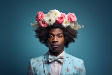 Generative AI Illustration Portrait Of Black Young Man And Wreath Of Flowers Over Hair Looking At Camera Against Blue Background In Studio