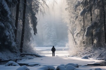 Wall Mural - A lone person stands amidst a serene winter landscape, surrounded by glistening snow-covered trees, offering a tranquil moment of contemplation