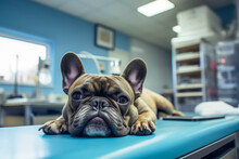 Generative AI Illustration Cute Lying French Bulldog While On Comfortable Table In Light Veterinarian Clinic