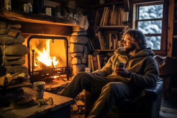 Canvas Print - A person sits by a crackling fireplace in a rustic cabin, drinking hot cocoa and enjoying a fireside chat in a warm and inviting winter retreat