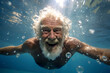 © ADDICTIVE STOCK - Generative AI illustration of underwater view of delighted senior man swimming in clear water of pool and looking at camera