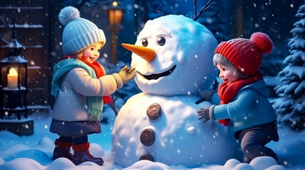 Two little kids building snowman in the snow with snowman in the background.