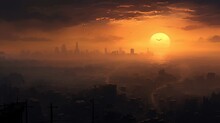 A Smog-covered Cityscape At Dusk With Muted Colors, Showcasing The Impact Of Air Pollution On Urban Life.