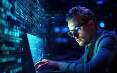 Programmer or person in glasses reading a script, programming or cyber security research