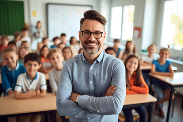 Wall Mural - Portrait of smiling male teacher in a class at elementary school looking at camera with learning students on background