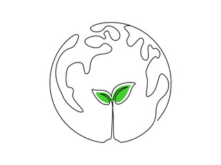 Fototapete - One continuous drawing of World environment day. Icon earth globe with plant sprouted inside in simple linear style. Editable stroke for elegance web banner. Doodle vector illustration