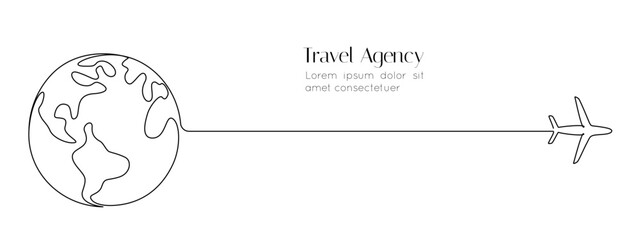 Poster - One continuous line drawing of Earth globe with airplane. Flight route path on world map in simple linear style. Travel and flight airline symbol concept. Editable stroke. Doodle vector illustration