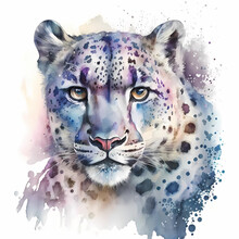 Watercolor Snow Leopard Portrait Colorful Painting. Realistic Wild Animal Illustration On White Background.