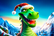 Green Dinosaur Wearing Santa Hat In Front Of Snowy Mountain Background.
