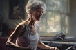 A watercolor painting of a senior woman working out in a gym with soft brushstrokes and pastel colors. Natural light highlights her dedication. Generative AI.