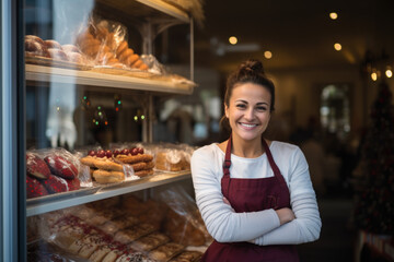 Wall Mural - Happy small pastry shop owner, smiling proudly at her store. Cheerful female baker working at her shop