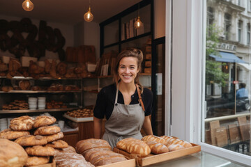 Happy small pastry shop owner, smiling proudly at her store. Cheerful female baker working at her shop