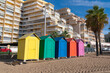 Colourful beach huts Oropesa del Mar Castellon Costa del Azahar, Spain near  Benicassim