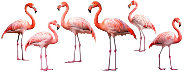 Set with pink tropical bird flamingoes, isolated, generative ai