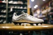 A soccer cleat is displayed in a store. Generative AI
