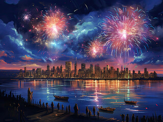 Wall Mural - Festive Fireworks Above the Cityscape with Midjourney AI