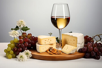 Glass of white wine near cheese, grapes and flowers.