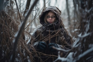 A frightened woman in the winter forest. AI Generated