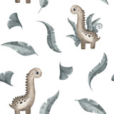 Fototapeta Dziecięca - Cute little cartoon watercolor seamless pattern dinosaur - hand drawn illustration. Isolated on white. Nice character, leaves, texture. Sticker, textile, nursery design.