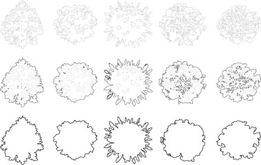 Tree plan line silhouettes - top view set 5