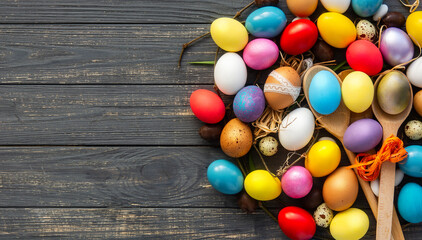 Wall Mural - painted Easter eggs, hidden sweets in one, Happy Easter banner, background, card.	