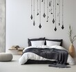 Interior of modern bedroom with white walls, wooden floor, comfortable king size bed with black blanket and hanging pendant lamps. 3d render