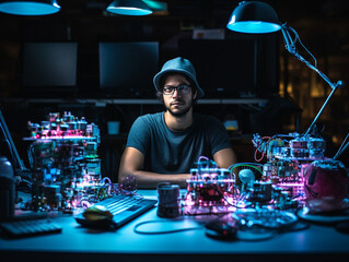A Photo of a Computer Programmer with 3D Printed Tech Gadgets