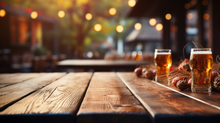 Wall Mural - Wooden table on blurred autumn background