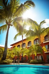 Amazing Tropical Hotel seen from Outside. Exterior Design of a Exotic 5 Star Resort with Pool and Palms. Summer Vacation Idea.