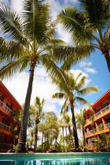 Amazing Tropical Hotel seen from Outside. Exterior Design of a Exotic 5 Star Resort with Pool and Palms. Summer Vacation Idea.