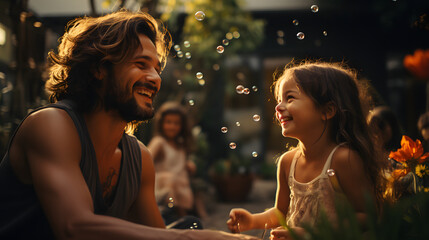 father playing with his daughter and smiling enjoying a beautiful afternoon in his garden