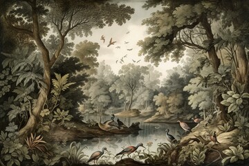  Antique scene: woodland backdrop displaying lake, vegetation, trees, avians, flamingos, moths, bugs, and butterflies. Generative AI